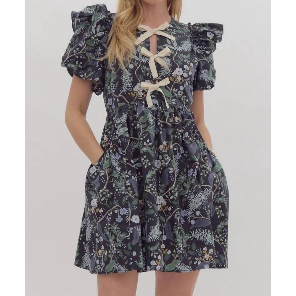 entro Black Floral Mini Dress with Cream Ties